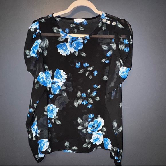 Blu Pepper Black and Blue Floral Blouse - Picture 1 of 5